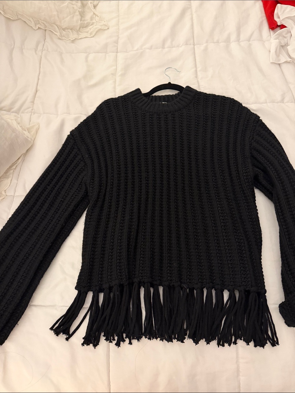 H&M Black Fringe-Hem Crewneck Sweater